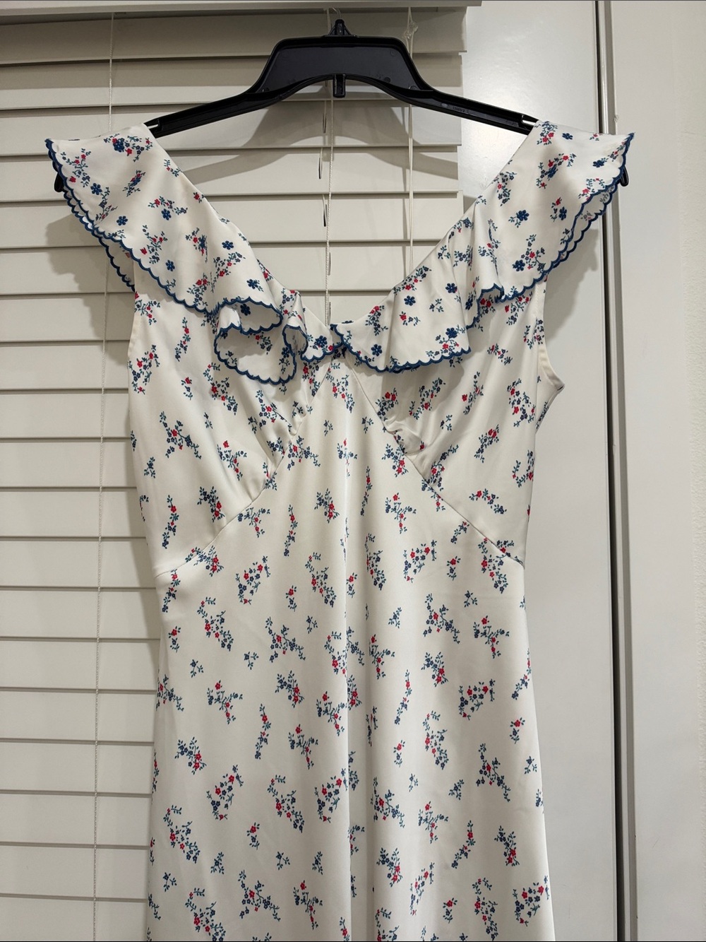Floral Ruffle V-Neck Slip Dress - White with Navy & Red